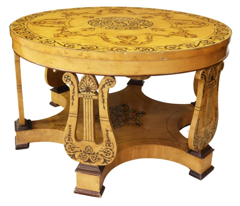 Antique Table, Center, Biedermeier Style Marquetry Circular, Lyre, Early 1900’s