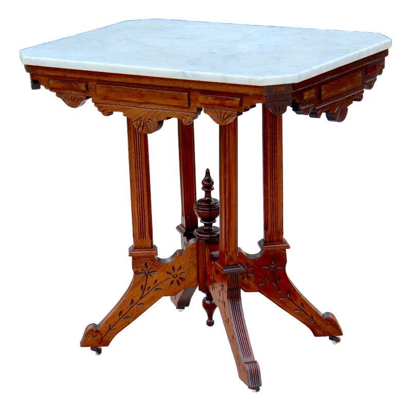 Antique Victorian Eastlake Marble Top Parlor Table | Carved Walnut Side – 1880