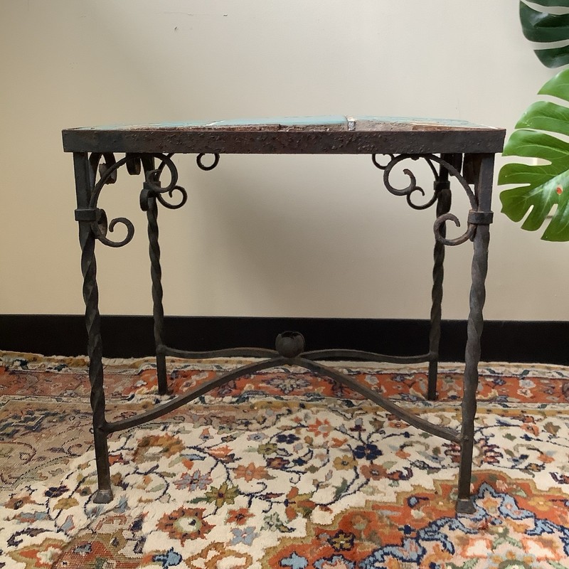 Vintage Wrought Iron Table Ceramic Painted Tiles, Project Piece As Is gallery