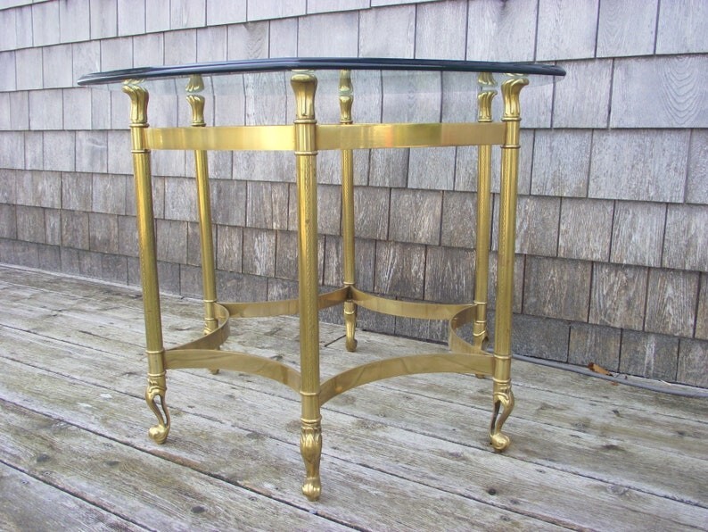 Hollywood Regency Labarge Queen Anne Hexagon Brass Glass Side End Table H1 gallery