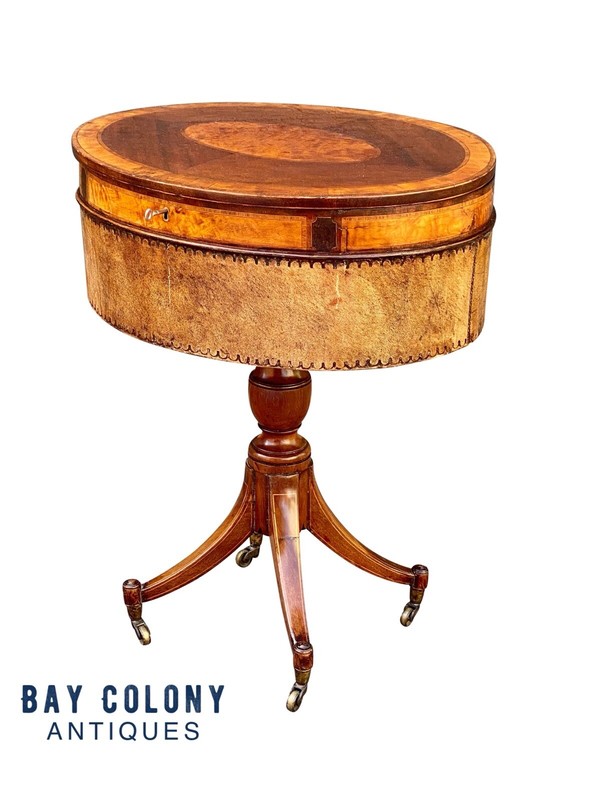ANTIQUE REGENCY MAHOGANY & SATINWOOD SEWING STAND / WORK TABLE gallery
