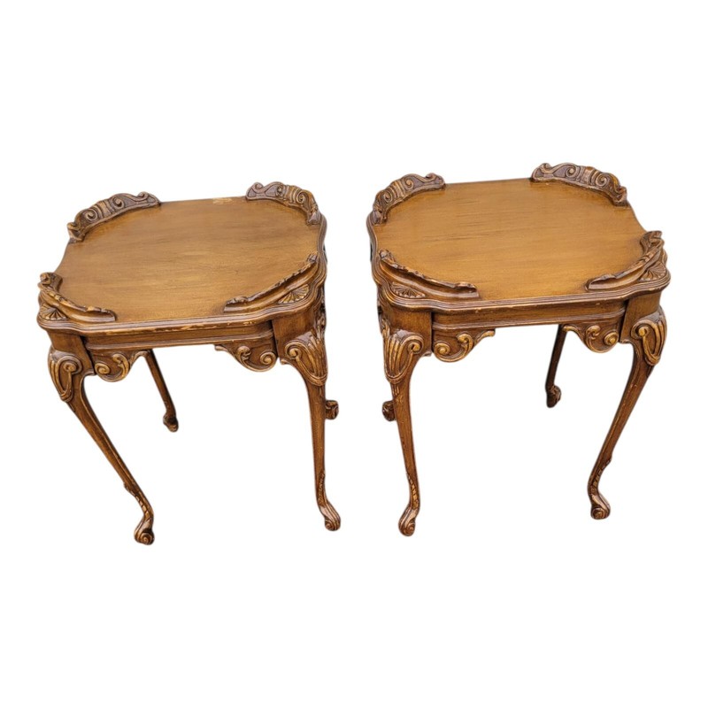 Pair 1930s Country French Walnut Lamp Tables Hand Carved Original Finish