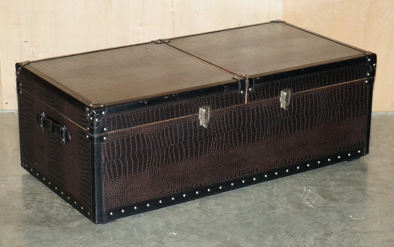 LEATHER CROCODILE ALLIGATOR EMBOSSED ASH WOOD INTERNAL STORAGE COFFEE TABLE gallery
