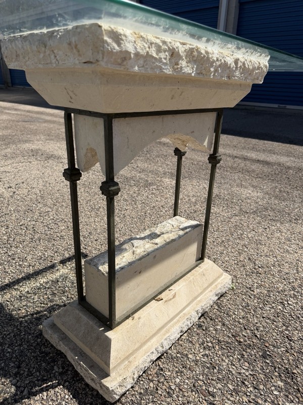 Vintage Postmodern Travertine & Glass Console Table 52” Sculptural Table gallery