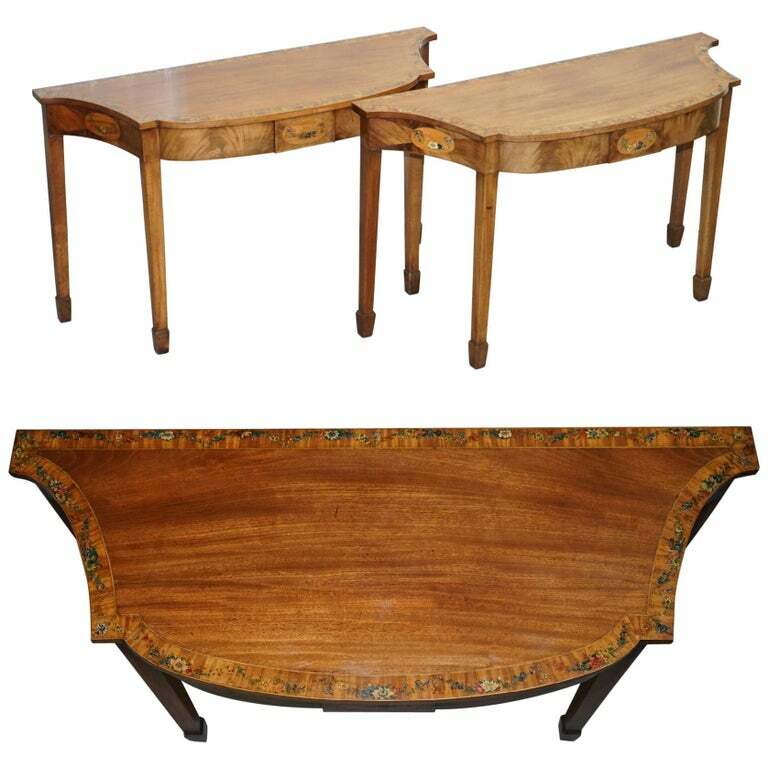 PAIR OF GEORGE III 1780 SATINWOOD & TULIP WOOD POLYCHROME PAINTED CONSOLE TABLES