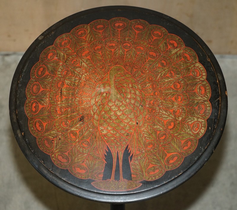 STUNNING ANTIQUE CIRCA 1900 HAND MADE PEACOCK DECORATED SIDE END LAMP WINE TABLE gallery