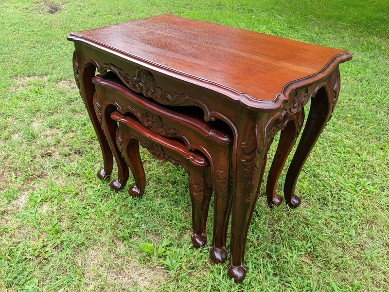 3 Nesting Tables: Queen Anne Solid Cherry Wood Cabriolet Legs Carved Floral Swag gallery