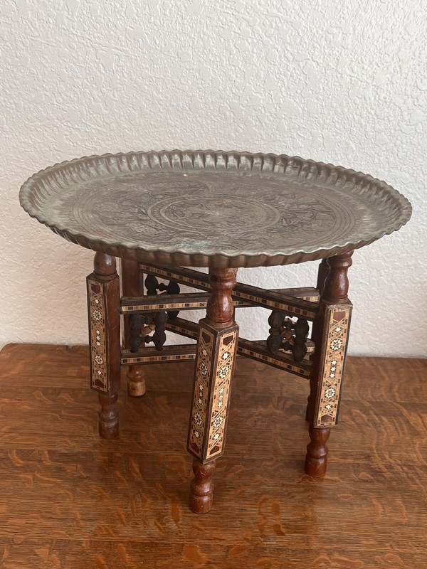 Moorish Brass Tray Table on Inlaid Folding Stand Vintage