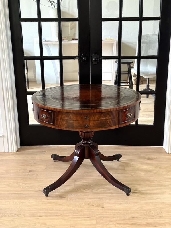Stately Vintage Regency Drum Table – Rich Mahogany Finish