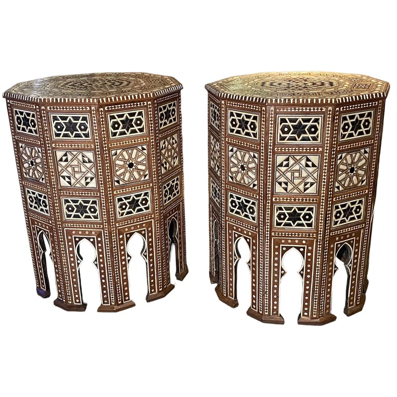 Pair of Levantine Style Ten Sided End or Side Tables with Geometric Mosaic Inlay