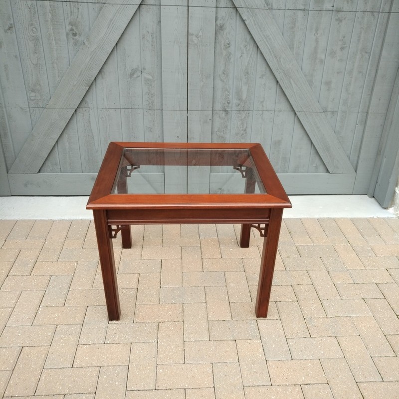 MAHOGANY CHIPPENDALE END TABLE WITH BRAND NEW GLASS TOP gallery