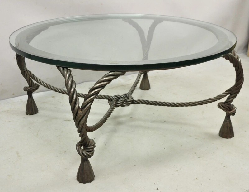 Italian Hollywood Regency Steel Knotted Rope and Tassel Round Glass Coffee Table gallery
