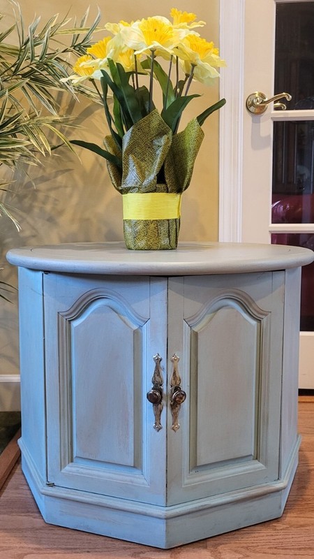 End Table, Cabinet, Oak, Round Top, Octagon Base, Vintage, Distressed Teal