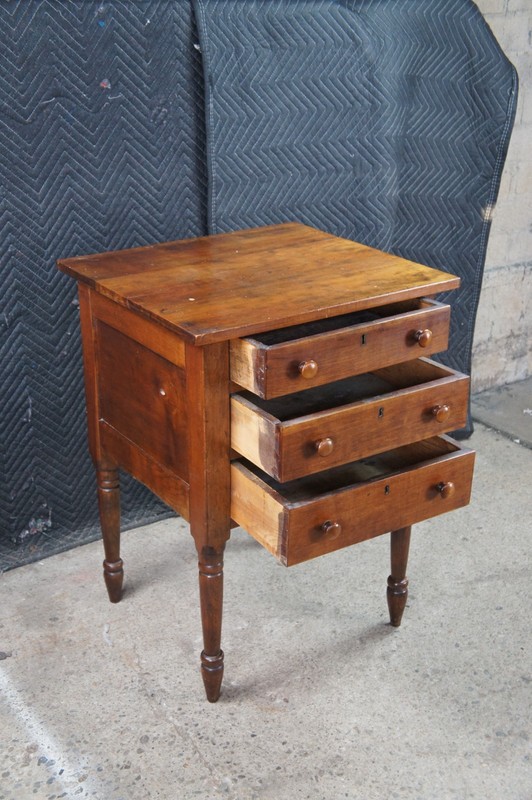 Antique Early American Cherry Three Drawer Silver Chest Side Table Stand 31" gallery