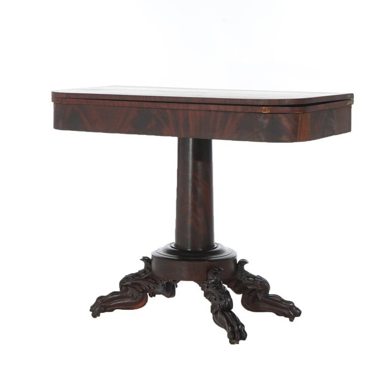 Neoclassical American Empire Flame Mahogany Game Table with Paw Feet c1840 gallery