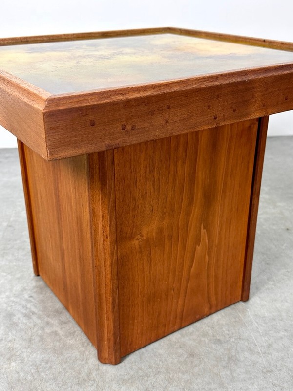 Vintage Mid Century Modern Walnut Glass Pedestal Side End Tables John Keal gallery