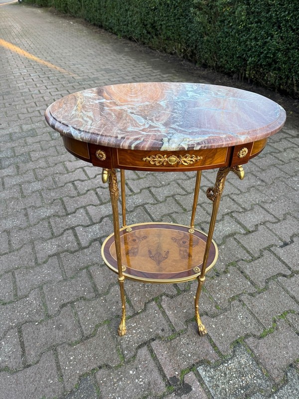 Table French Louis XVI Mahogany Bronze Marble Top Oval Side 1980 gallery