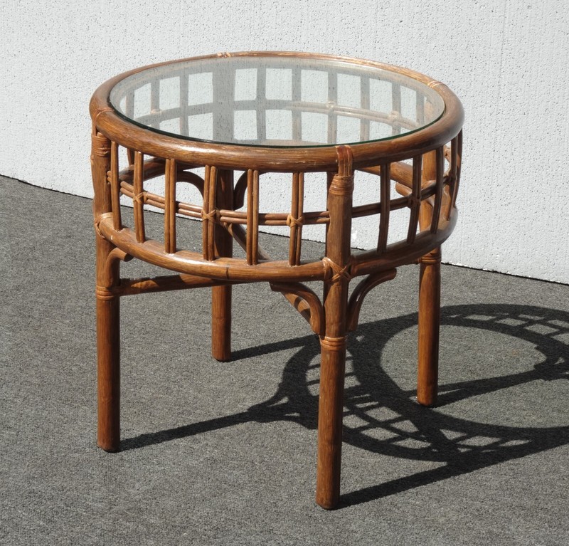 Vintage French Country Bamboo Rattan End Table Side Table w Glass Top gallery
