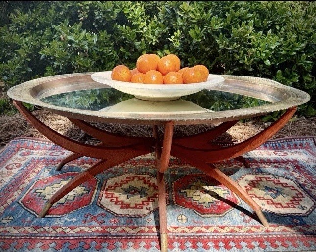 Large Brass Mirror Removable Top MCM Folding Spider Leg Table