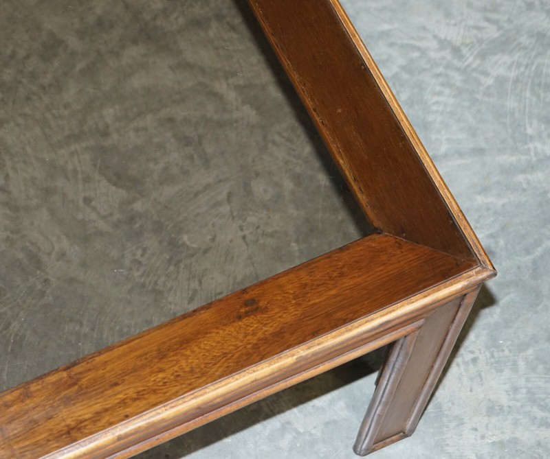 VINTAGE CHINESE CHIPPENDALE REFECTORY DINING TABLE WITH SMOKED GLASS TABLE TOP gallery