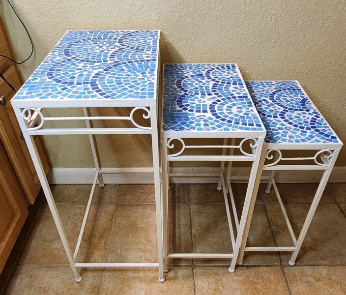Set Of 3 Vintage Blue Rainbow Mosaic Tiled Cast Iron Nesting/Stackable Tables gallery