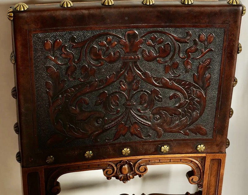 Spanish Revival Leather Embossed Carved Dining Chairs-Set of 6 gallery