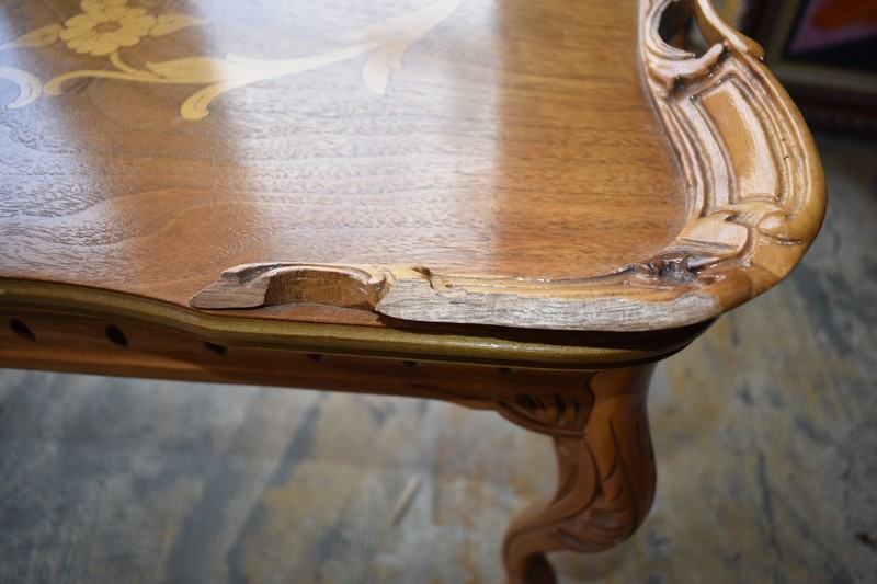 Vintage French Provincial Coffee Table Inlay Wood Carved Cabriole Legs gallery