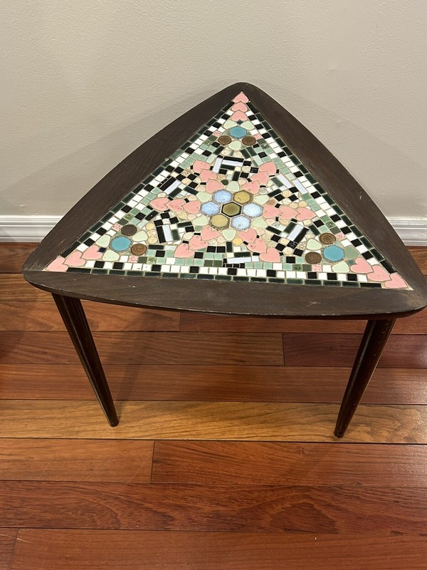 Lobeco handcrafted In Romania Mid Century Mosaic Stacking Table Wood 3 Leg 16” H gallery
