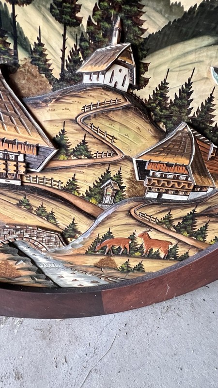 MCM Black Forest Style 39” Round Hand Carved Alpine Village Table Chalet Glass gallery