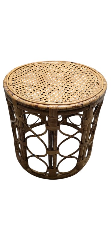 Vintage MCM Boho Chic Bamboo Rattan Cane Round Side Table Plant Stand Stool 17" gallery