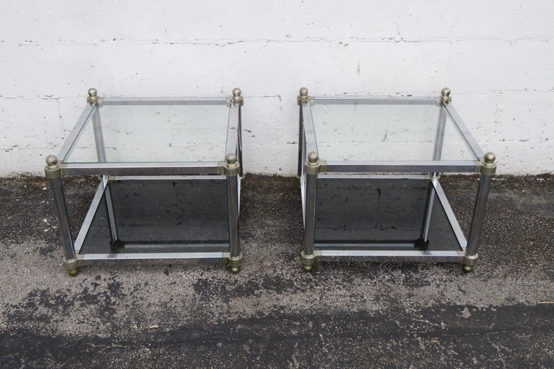 Hollywood Regency Chrome Glass Top Side Tables a Pair 6256 gallery