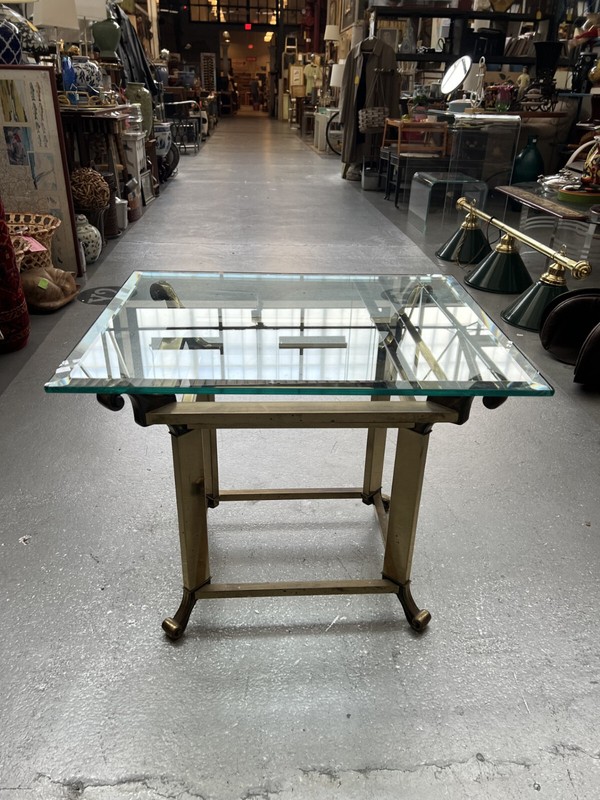Vintage Mid 20th Century Hollywood Regency Brass Scroll Design Glass End Table