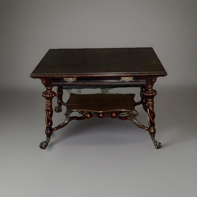 MERKLEN LIBRARY TABLE, 1890s, GREMLINS, DRAGON, BALL AND CLAW FOOT, ANTIQUE