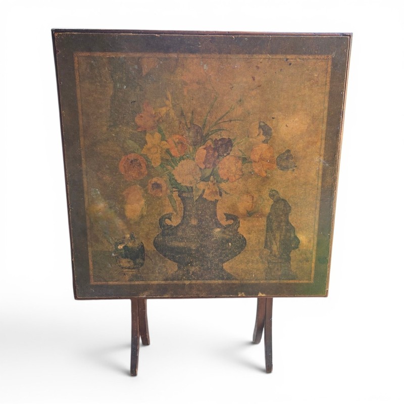 Antique Victorian Tilt Top Table Papier Mache Hand Painted Floral Fire Screen