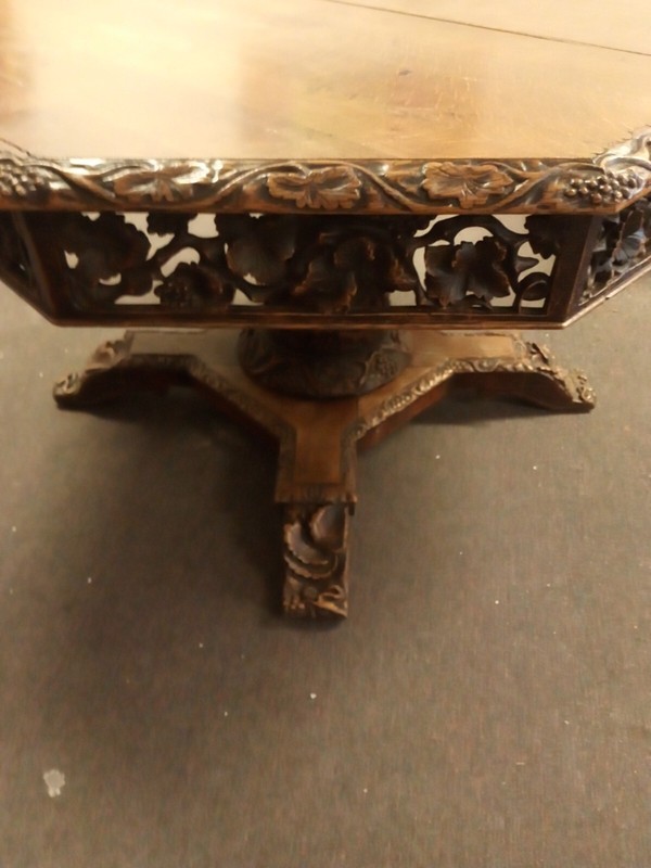 Antique Hand Art Nouveau 19th C Renaissance Gothic Table Carved Octagon 8 Side gallery