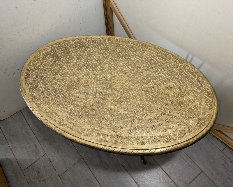 Vintage Moroccan Asian Oriental Style Embossed Brass Tin Wrought Iron Table gallery