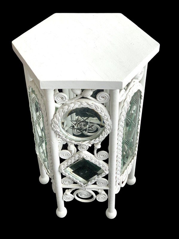 Antique Wicker Table ~ leaded & etched glass panels ~ rare ~ 1890s ~ hexagon gallery