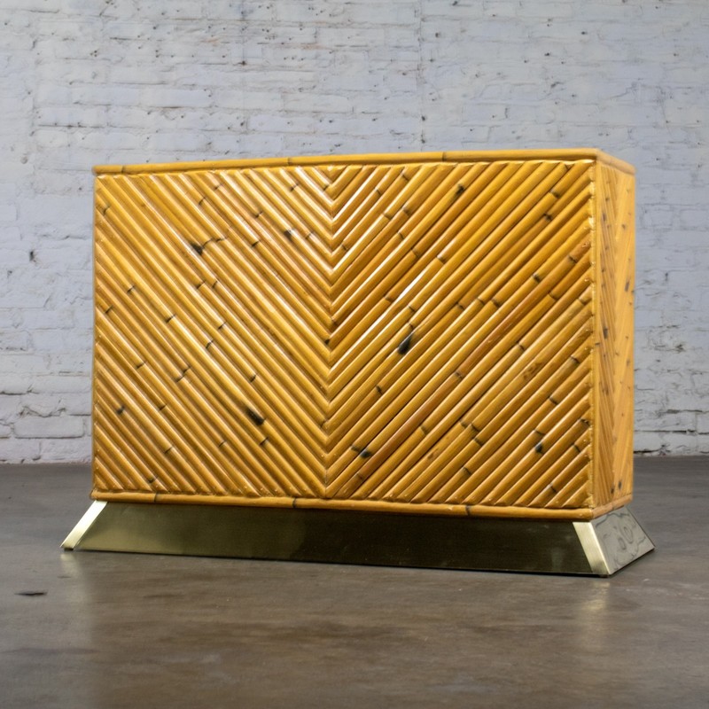 Modern Coastal Sofa Console Table Split Reed Bamboo Pedestal & Brass Plinth Base