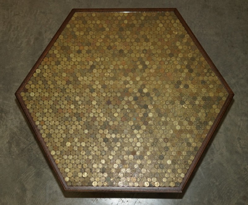 ANTIQUE CIRCA 1920 COFFEE TABLE COVERS IN ENGLISH THREE PENCE COINS FROM 1940'S gallery