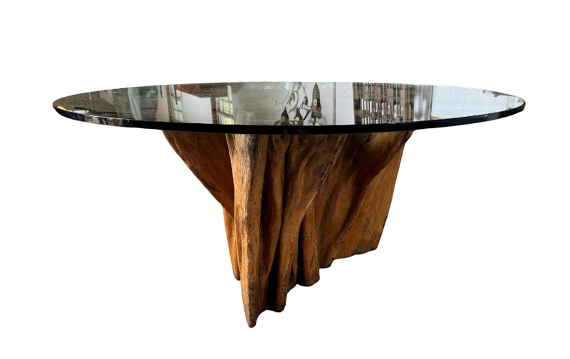 Mid Century Original Cypress Trunk Dining Table with Glass Top