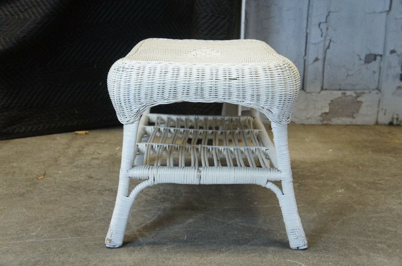 Vintage White Wicker Bamboo Rattan Two Tier Coffee Cocktail Table Boho Chic 34" gallery
