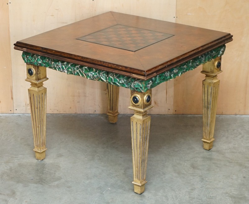 EXQUISITE FULLY RESTORED HAND DYED BROWN LEATHER CHESSBOARD CHESS GAMES TABLE gallery