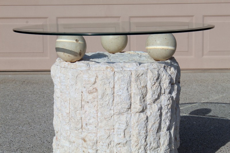 Vintage 1980s Postmodern Mactan Fossil Stone Round Side Table With Glass Top gallery