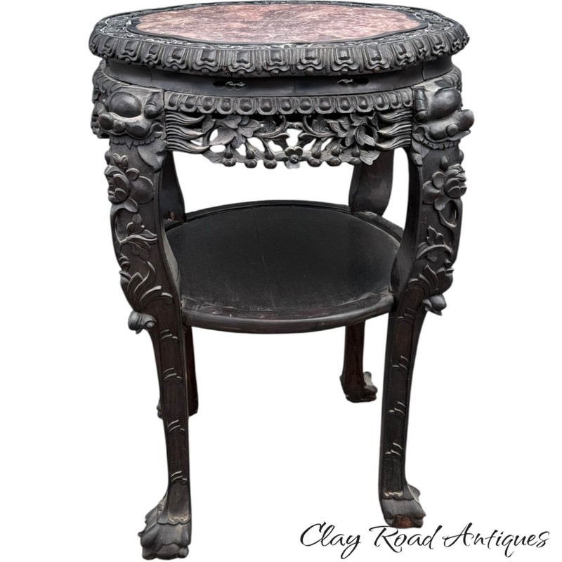 Antique large Chinese rosewood rose marble top stand center table carved 1880 gallery