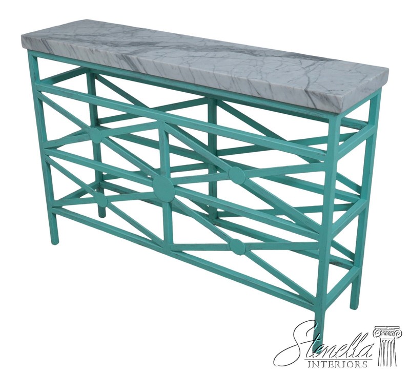 67438: EJ VICTOR Modern Design Verdigris Marble Top Metal Base Console Table