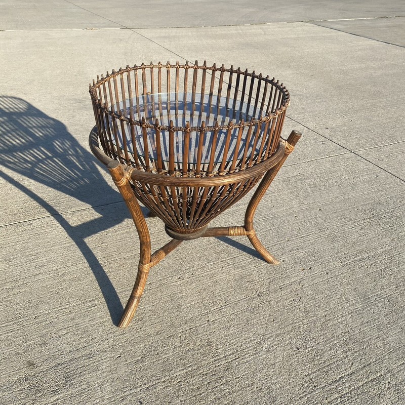Vintage 1960s Brown, Asian Antique Cane/Rattan Fish Trap Table Nice! Glass Top