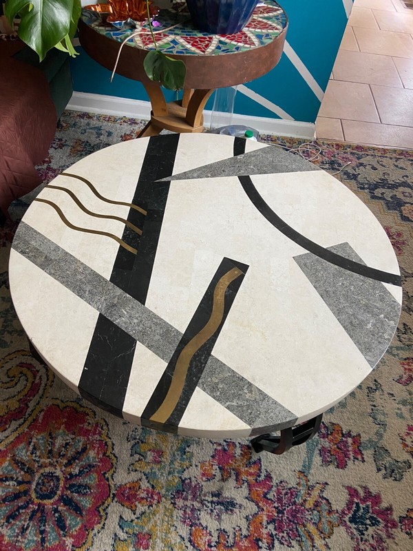 Vintage Tavola Oggetti Memphis Style Marble and Brass Inlay Coffee Table gallery