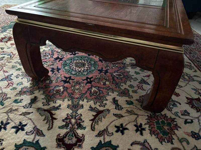 Vintage Burl Walnut Coffee Table: Hand-Carved Asian Landscape, Glass Top, Hidden gallery