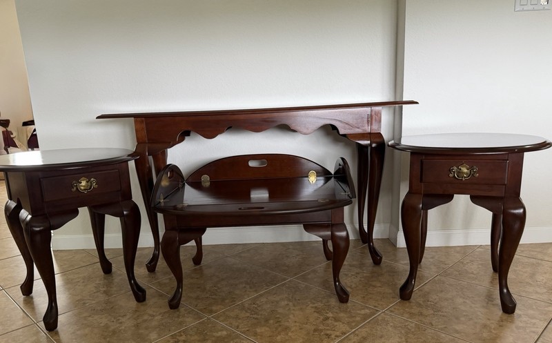 Vintage Broyhill Cherry End Tables, Sofa Table, And Butler’s Tray Table