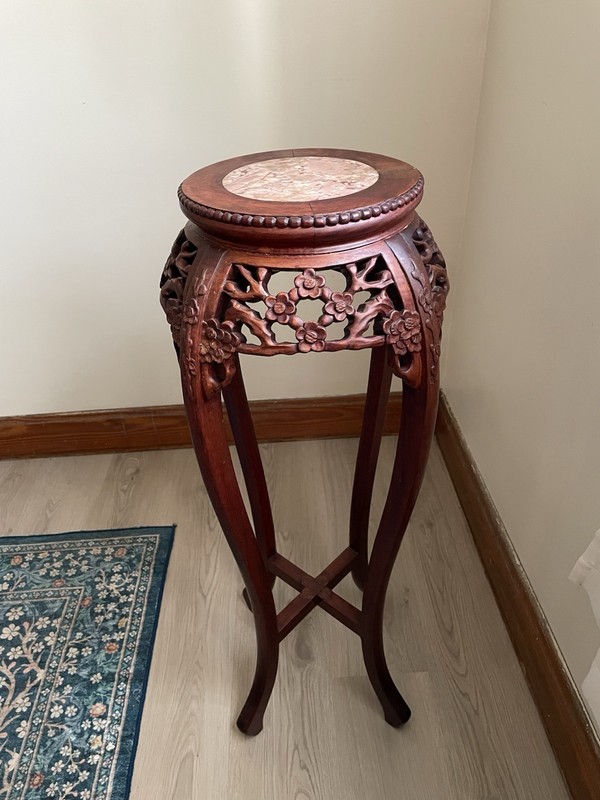 Vintage Chinese Rosewood With Marble Top Plant Stand Side Table Pedestal Carved gallery
